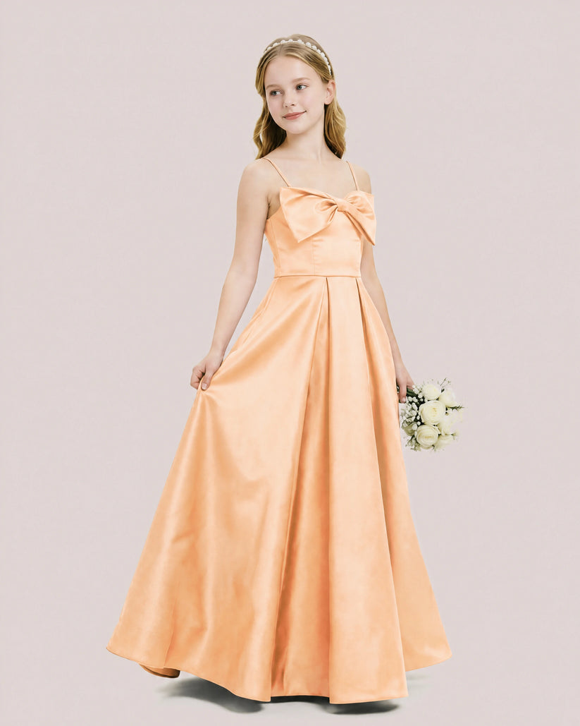 Peach Satin A-line Junior Bridesmaid Dress Front View