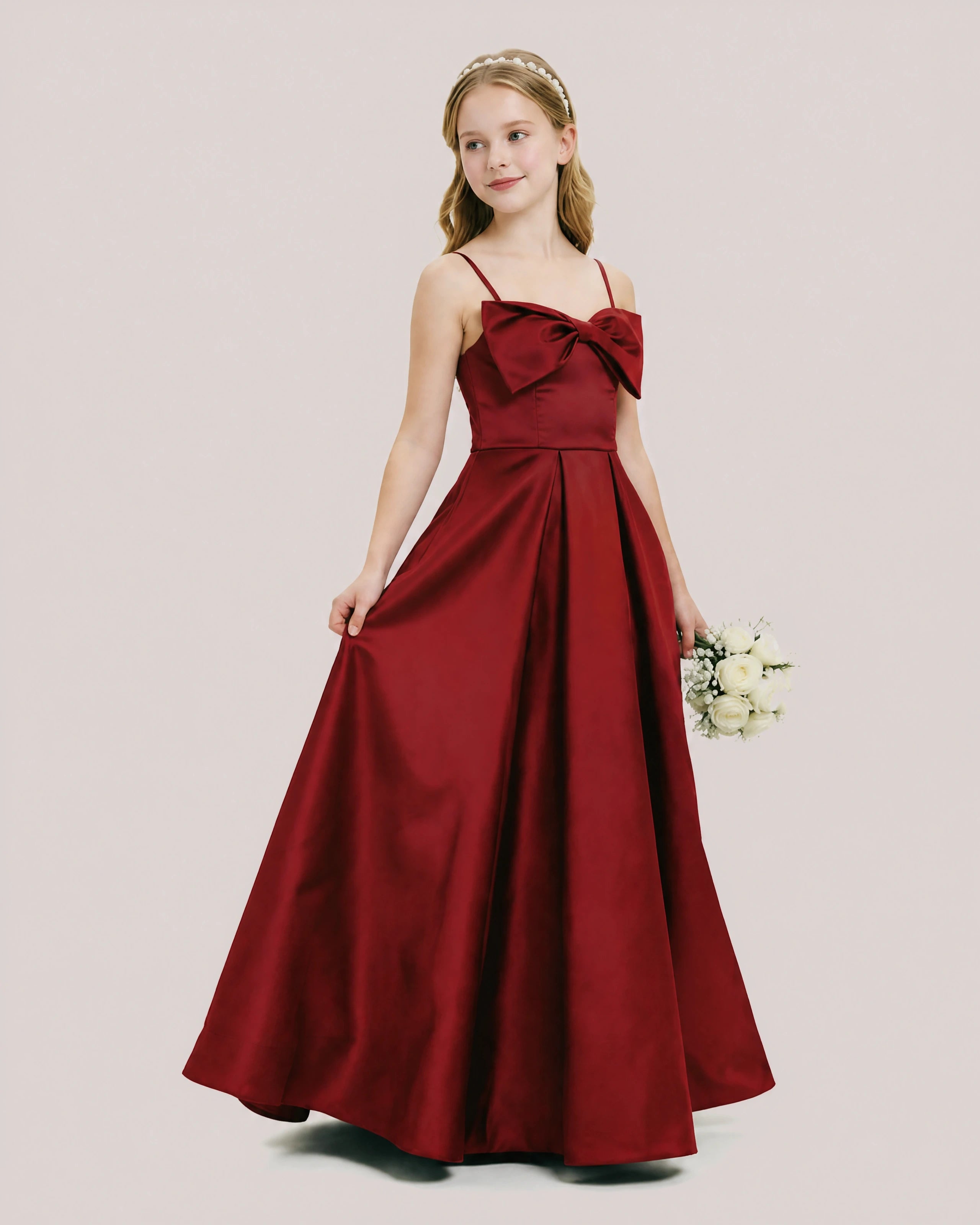 Dideyttawl Chocolate Brown Satin Spaghetti Strap Floor Length Junior Bridesmaid Dress