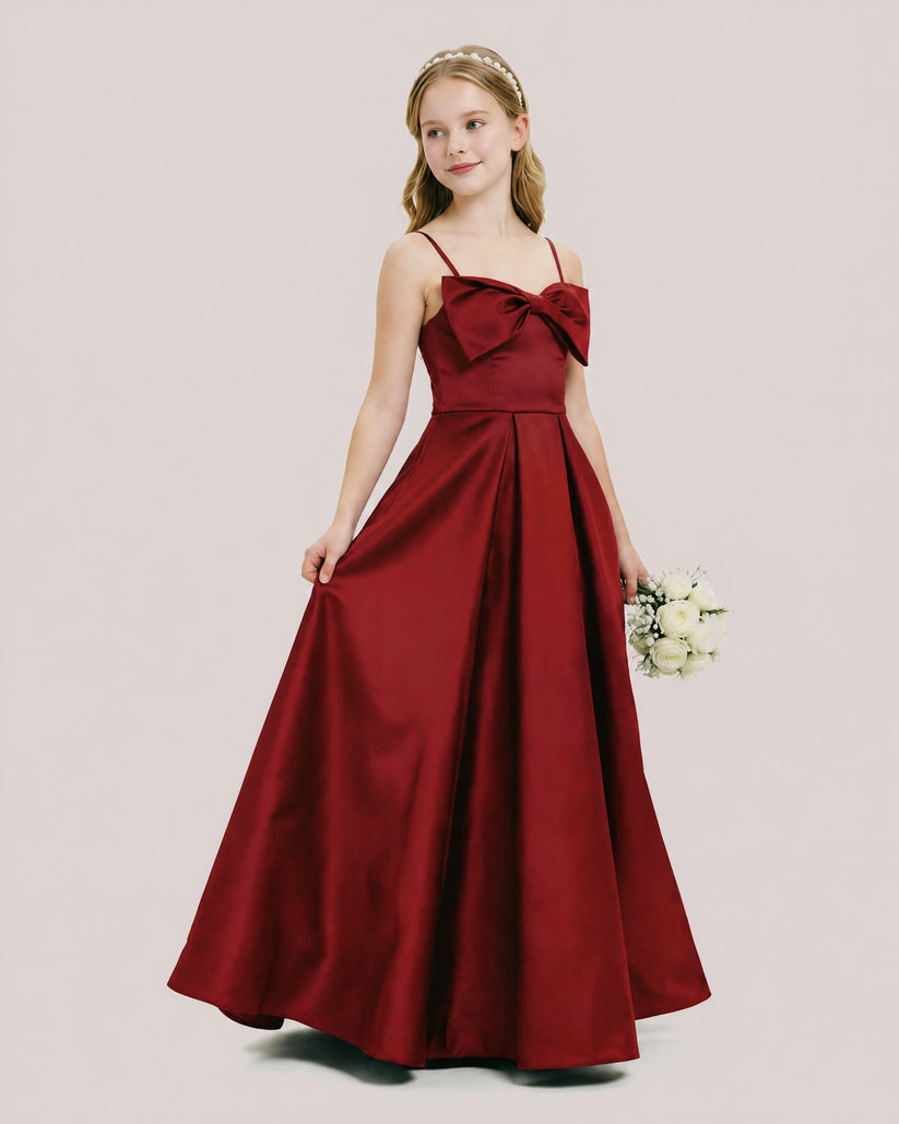 Burgundy Satin A-line Junior Bridesmaid Dress Front View