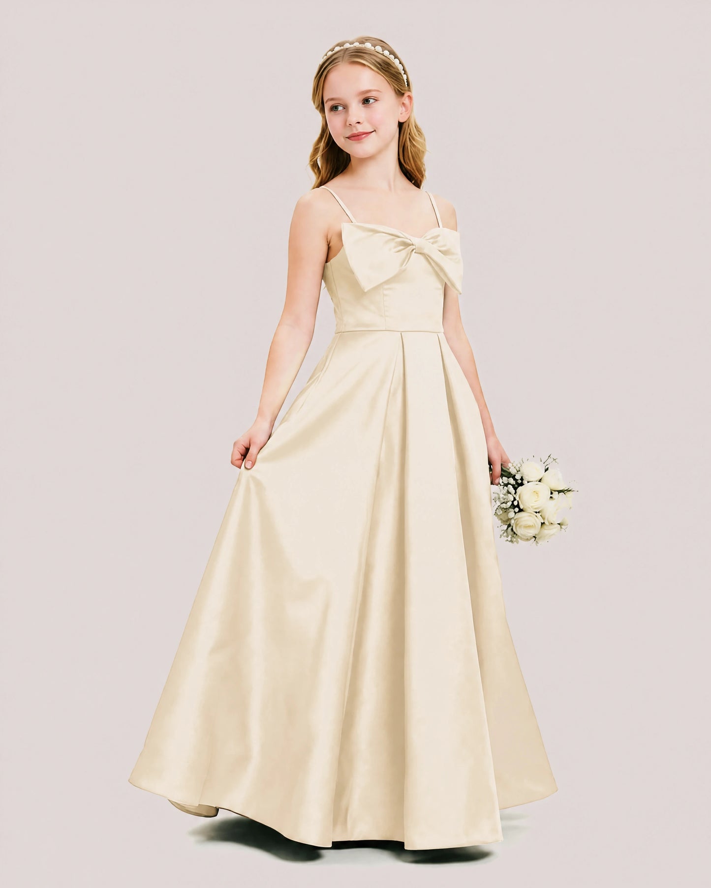 Dideyttawl Chocolate Brown Satin Spaghetti Strap Floor Length Junior Bridesmaid Dress
