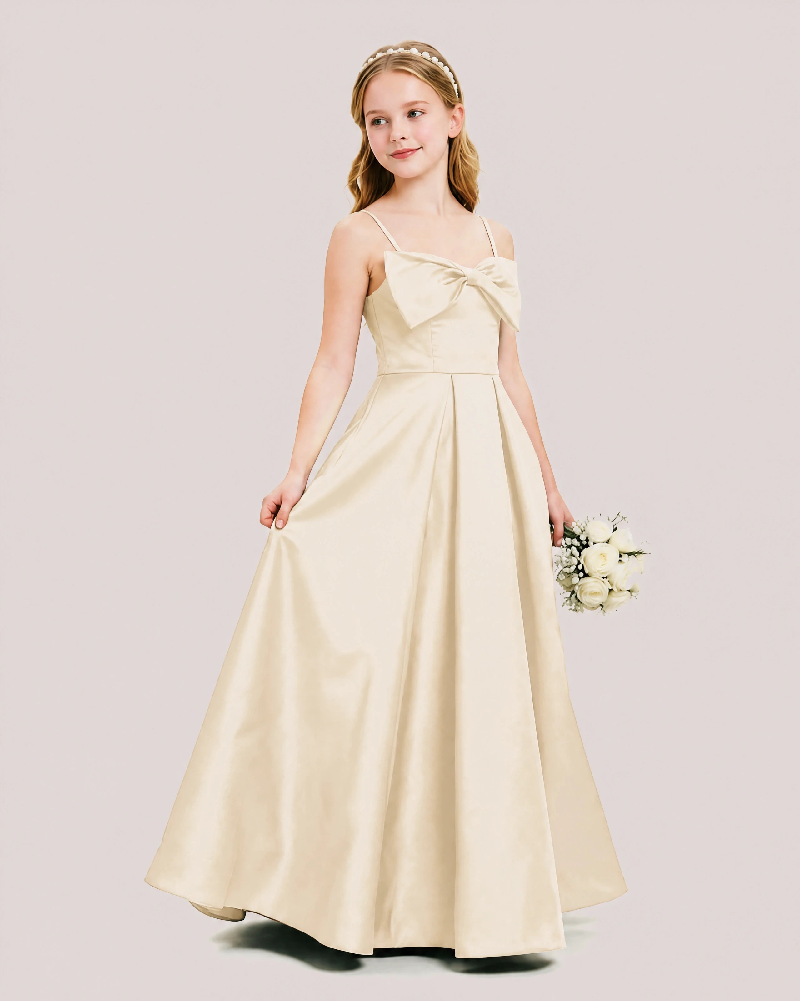 Dideyttawl Chocolate Brown Satin Spaghetti Strap Floor Length Junior Bridesmaid Dress