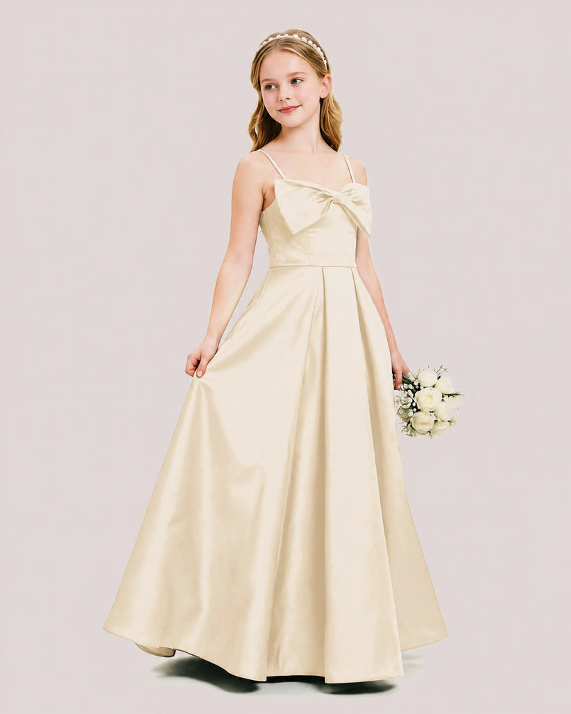 Champagne Satin A-line Junior Bridesmaid Dress Front View