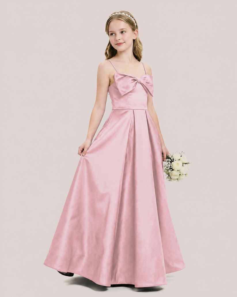 Dusty Rose Satin A-line Junior Bridesmaid Dress Front View
