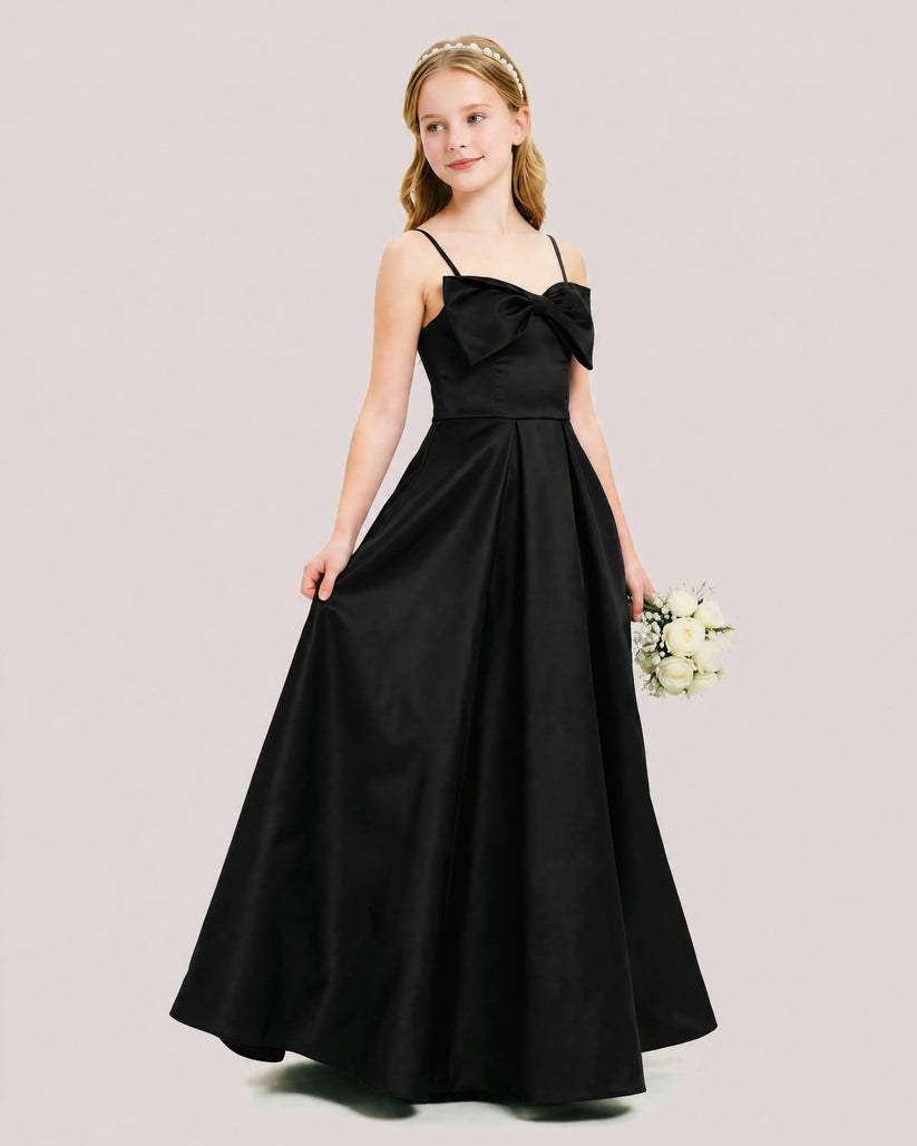 Black Satin A-line Junior Bridesmaid Dress Front View