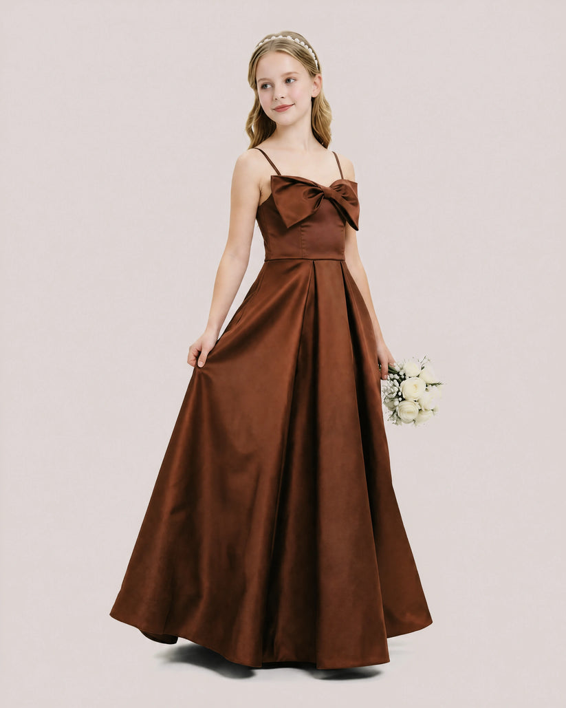 Brown Satin A-line Junior Bridesmaid Dress Front View