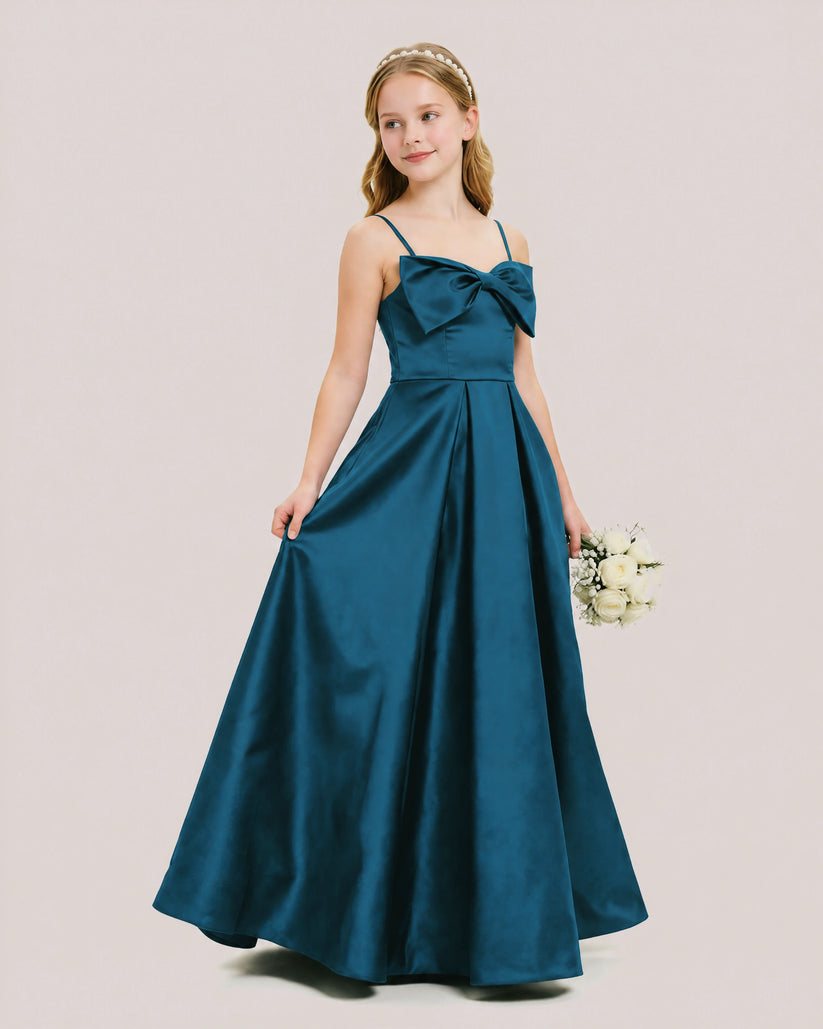 Teal Satin A-line Junior Bridesmaid Dress Front View