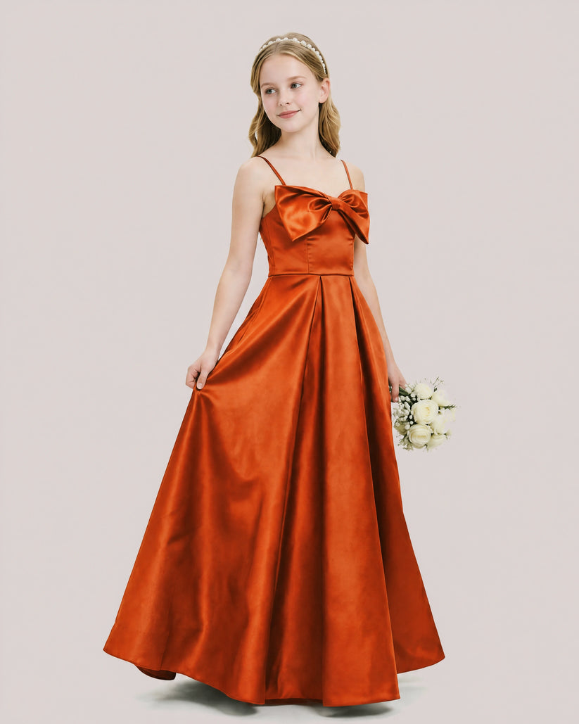 Burnt Orange Satin A-line Junior Bridesmaid Dress Front View
