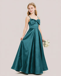 Dideyttawl Chocolate Brown Satin Spaghetti Strap Floor Length Junior Bridesmaid Dress
