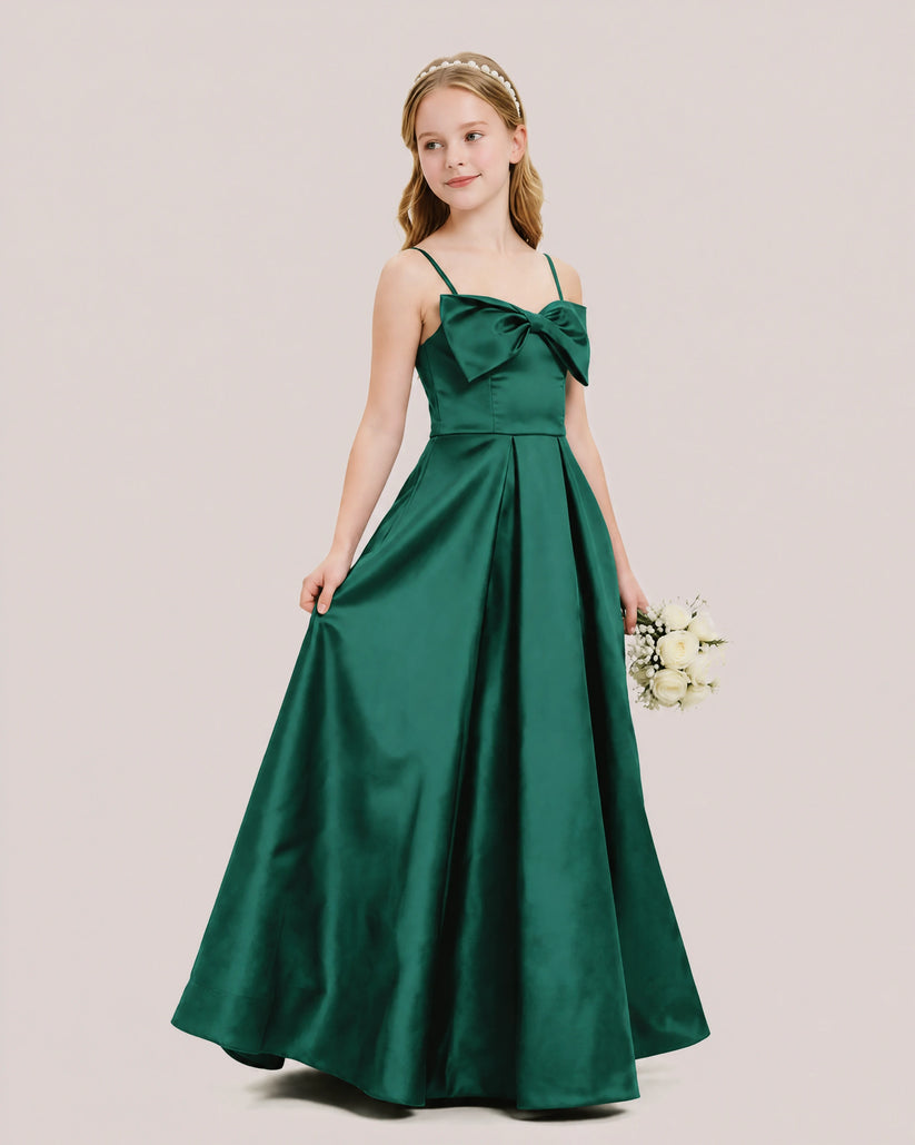 Dark Green Satin A-line Junior Bridesmaid Dress Front View