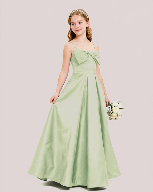 Sage Green Satin A-line Junior Bridesmaid Dress Front View