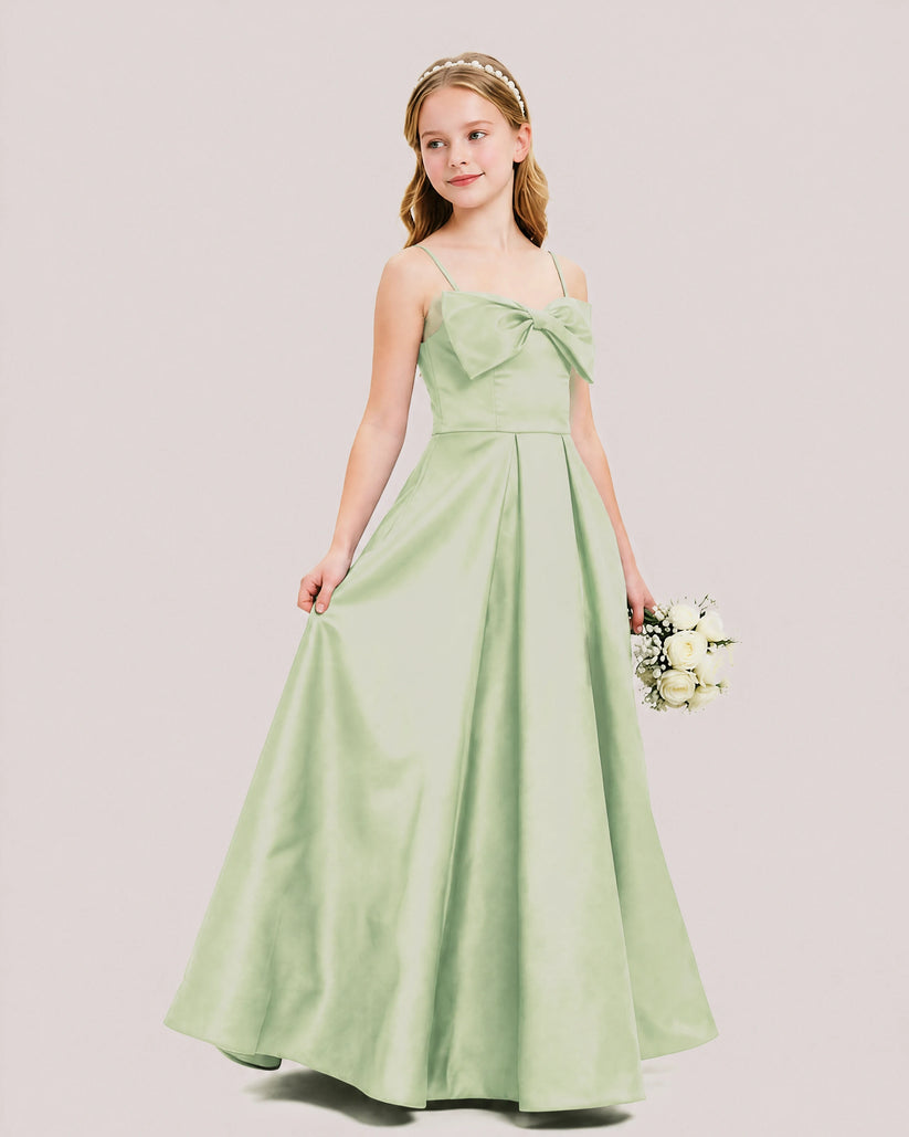 Sage Green Satin A-line Junior Bridesmaid Dress Front View
