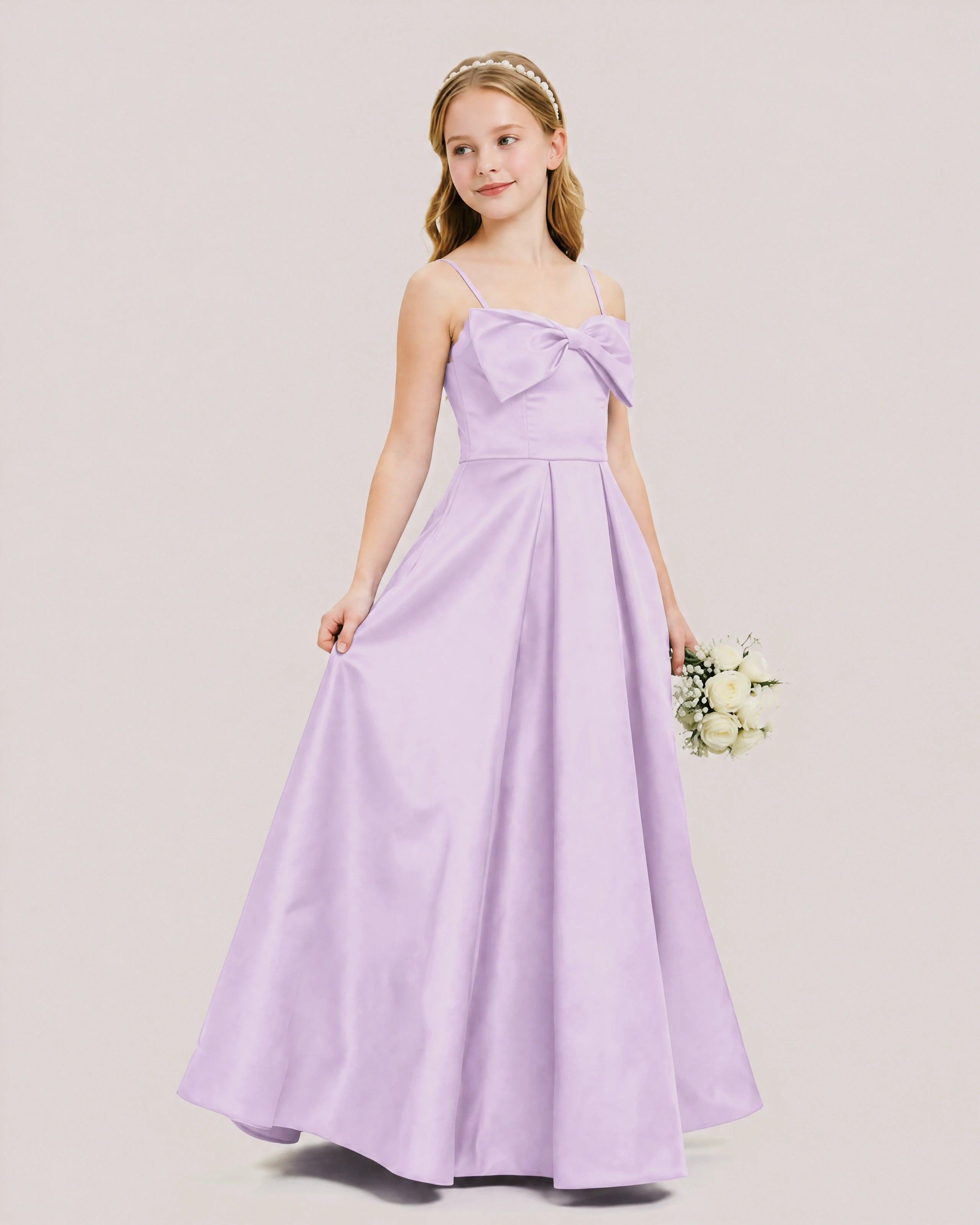 Dideyttawl Chocolate Brown Satin Spaghetti Strap Floor Length Junior Bridesmaid Dress