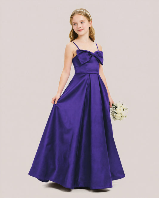 Purple Satin A-line Junior Bridesmaid Dress Front View