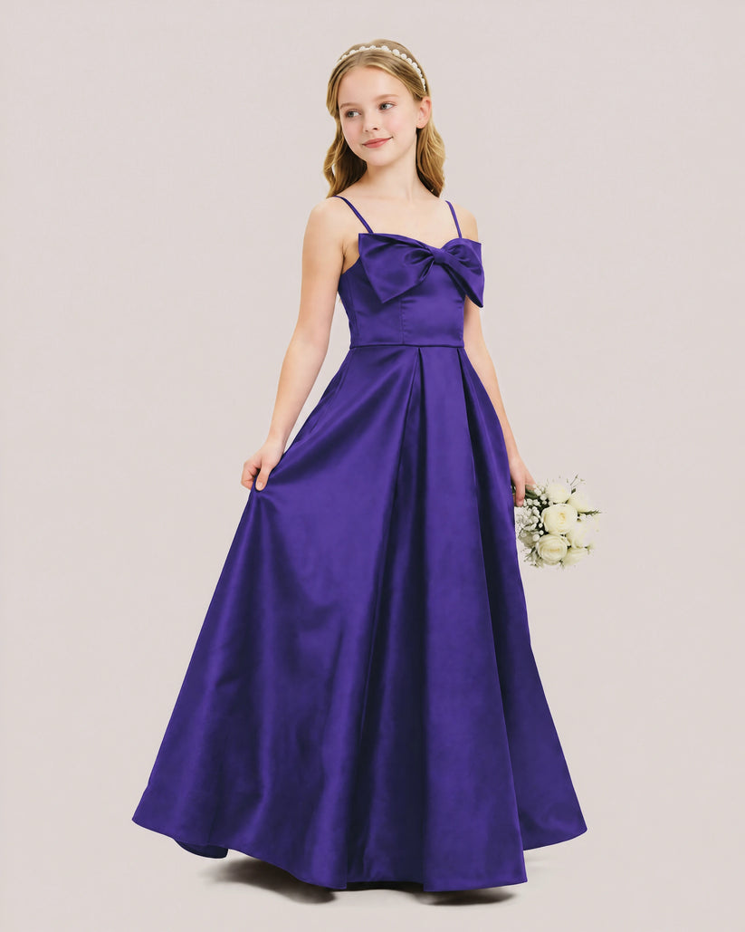 Purple Satin A-line Junior Bridesmaid Dress Front View