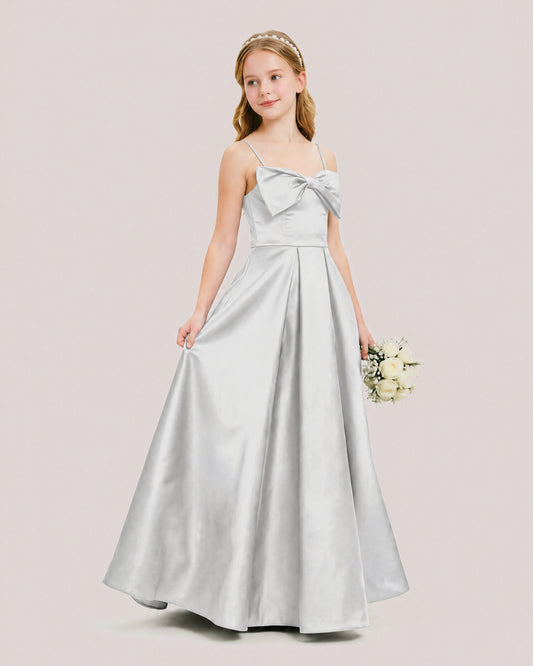 Silver Satin A-line Junior Bridesmaid Dress Front View
