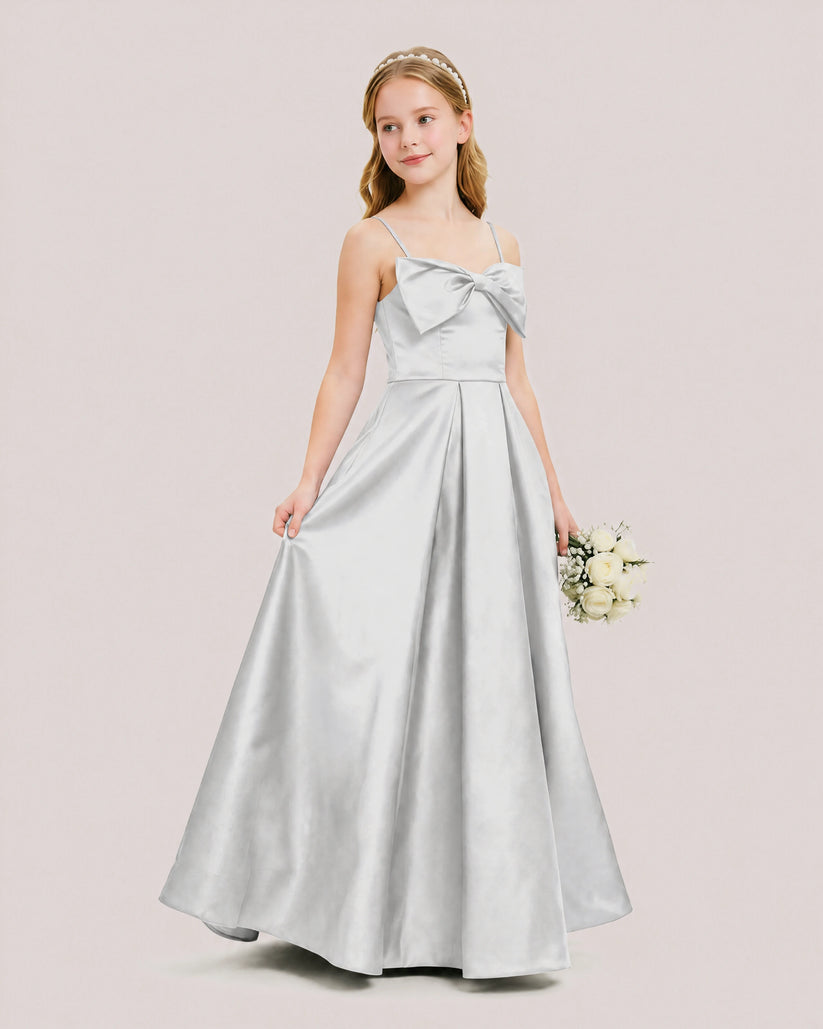 Silver Satin A-line Junior Bridesmaid Dress Front View
