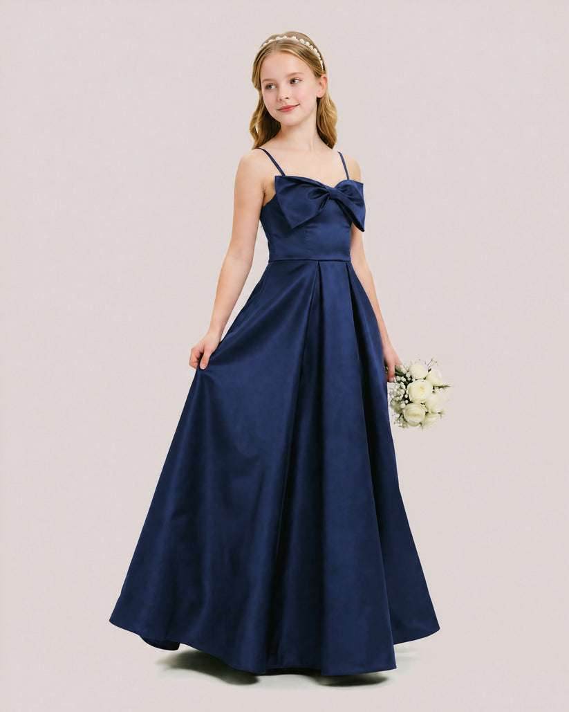 Navy Blue Satin A-line Junior Bridesmaid Dress Front View