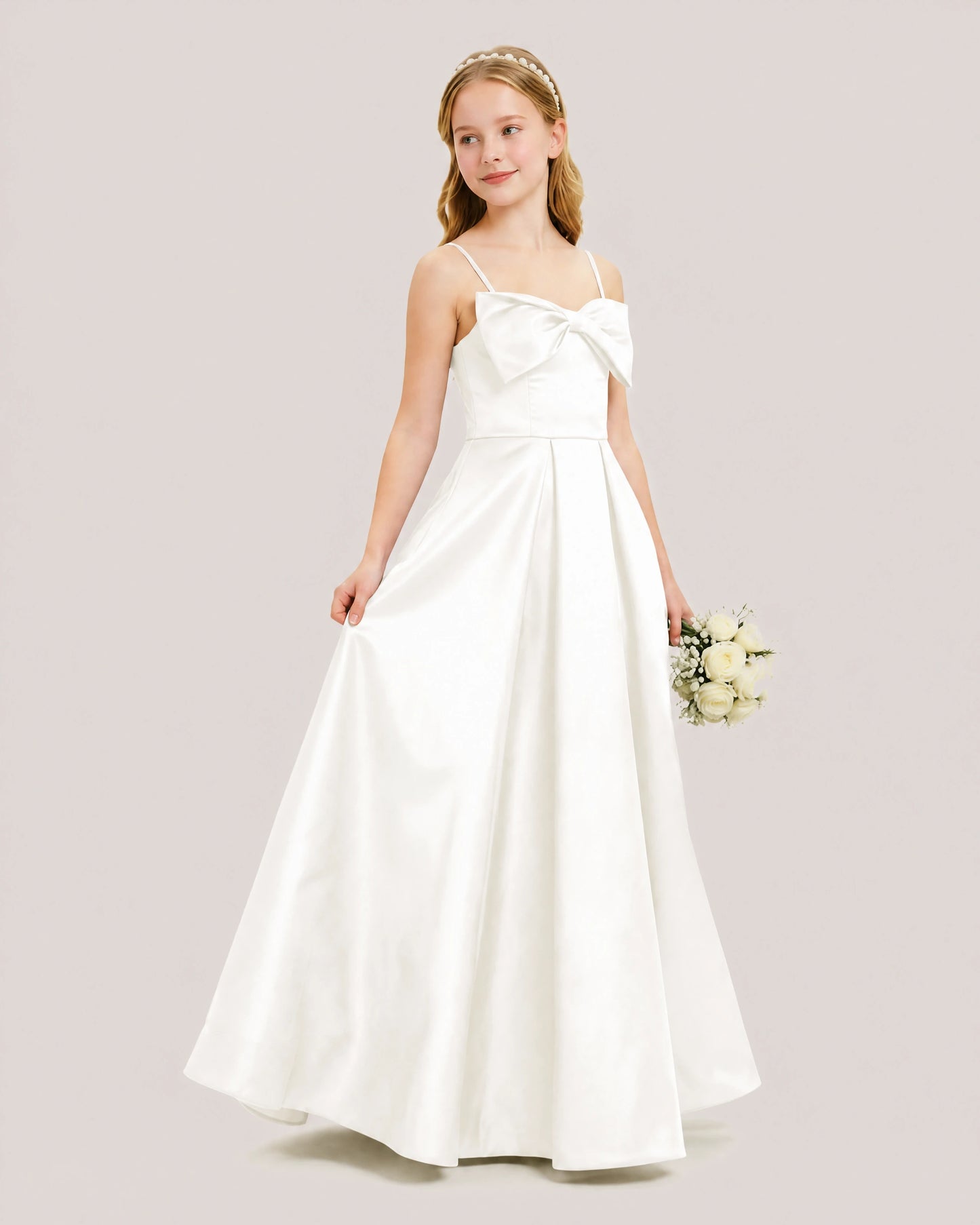 Dideyttawl Chocolate Brown Satin Spaghetti Strap Floor Length Junior Bridesmaid Dress
