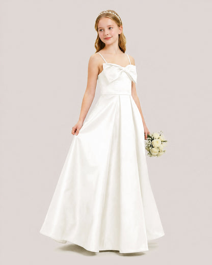 Dideyttawl Chocolate Brown Satin Spaghetti Strap Floor Length Junior Bridesmaid Dress