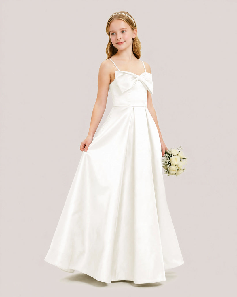 Ivory Satin A-line Junior Bridesmaid Dress Front View