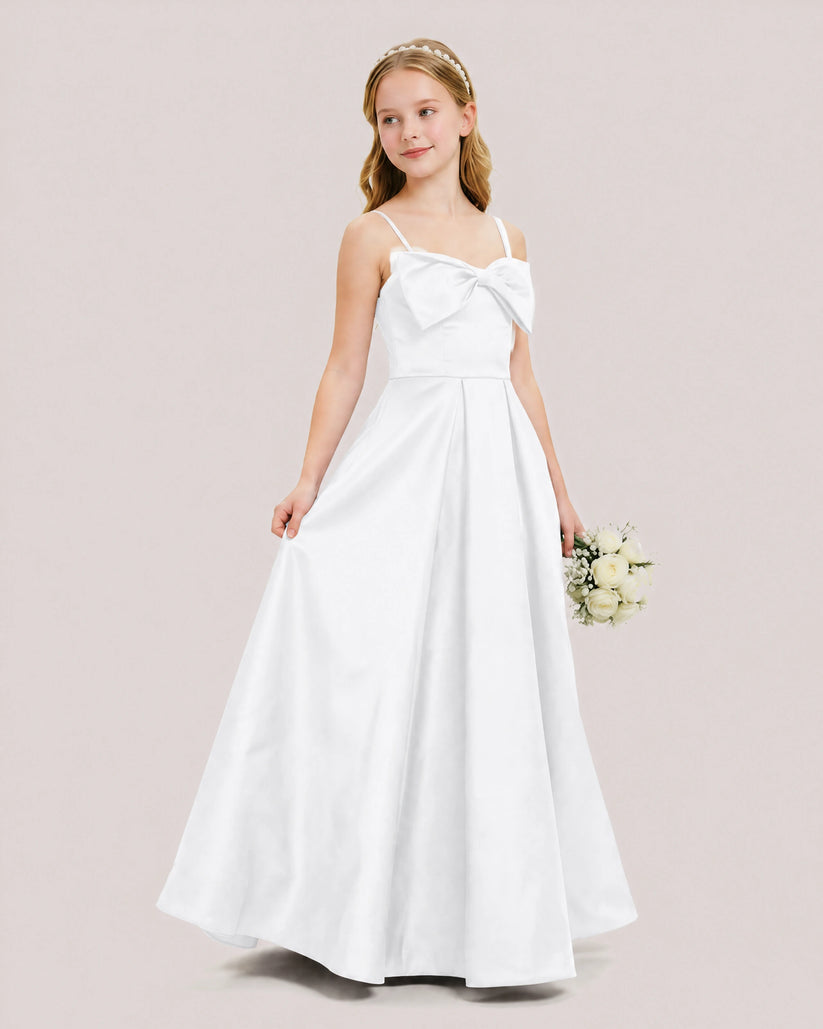 White Satin A-line Junior Bridesmaid Dress Front View