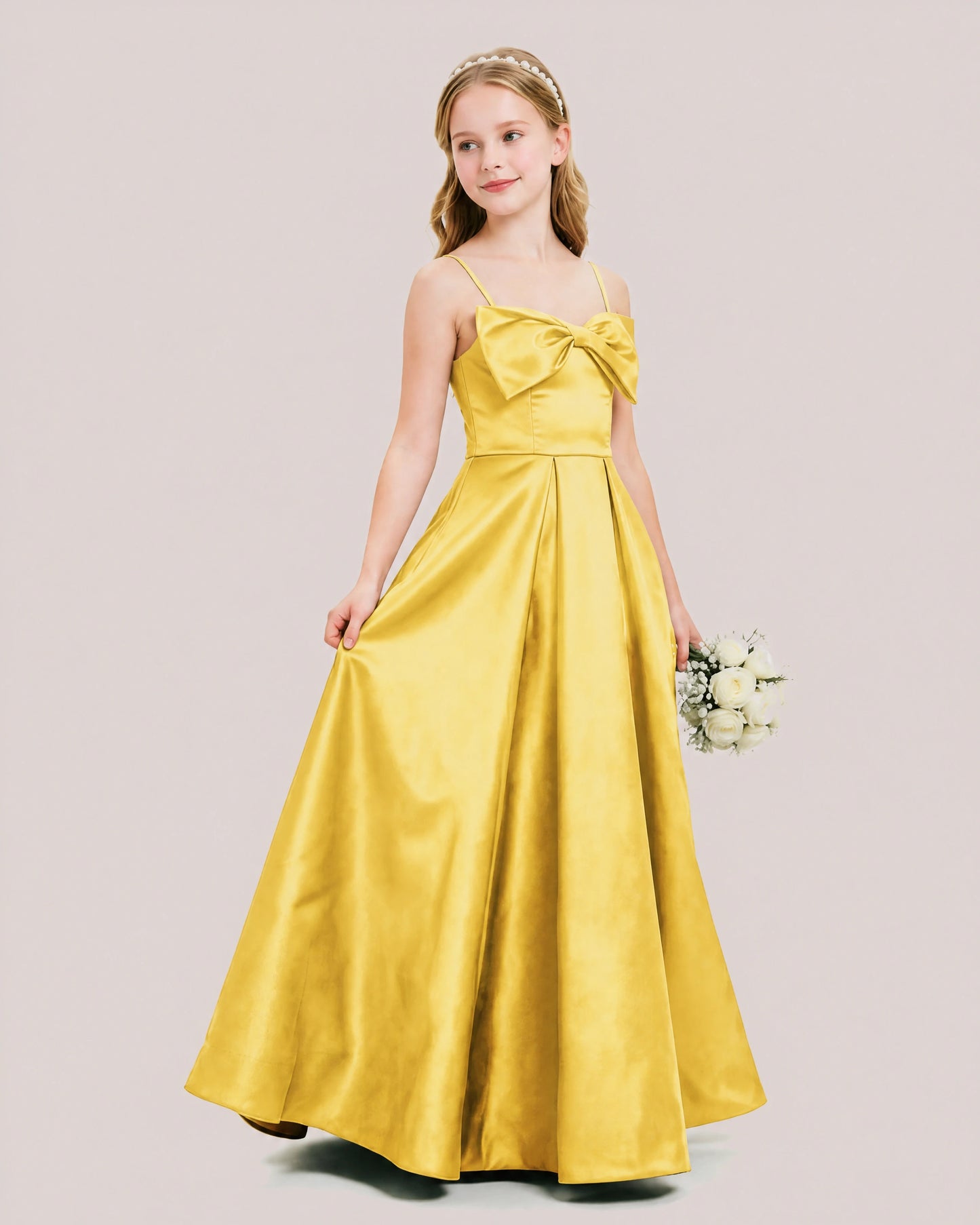 Dideyttawl Chocolate Brown Satin Spaghetti Strap Floor Length Junior Bridesmaid Dress