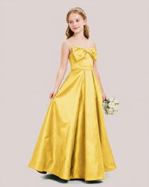 Dideyttawl Chocolate Brown Satin Spaghetti Strap Floor Length Junior Bridesmaid Dress