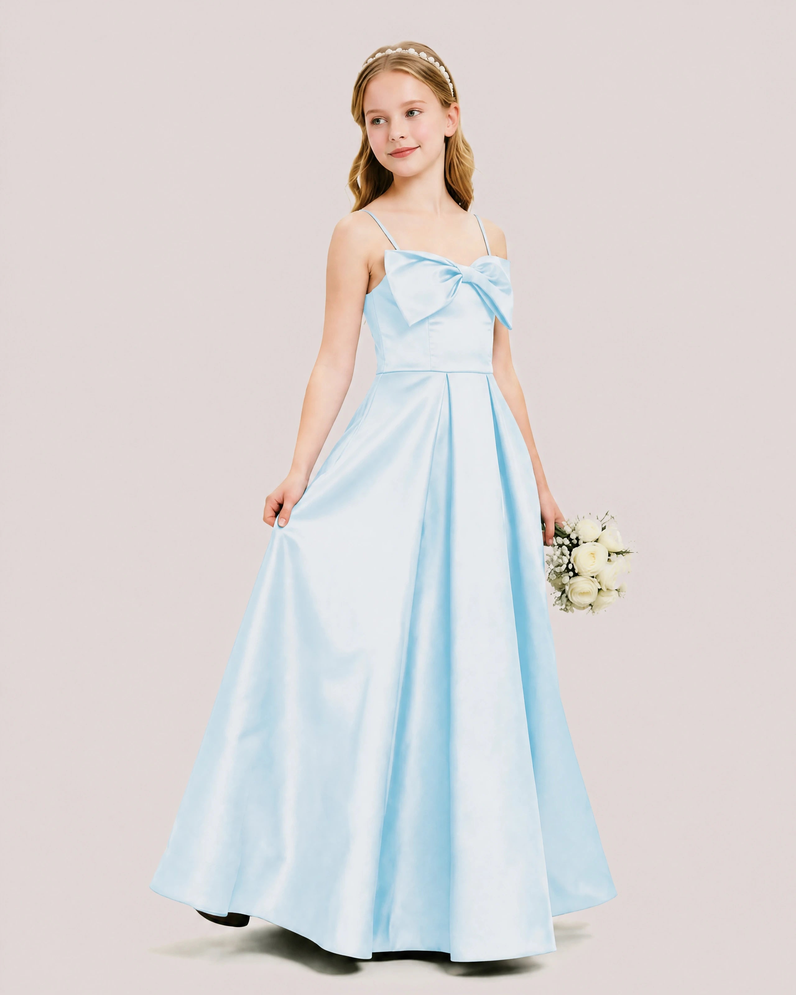 Dideyttawl Chocolate Brown Satin Spaghetti Strap Floor Length Junior Bridesmaid Dress