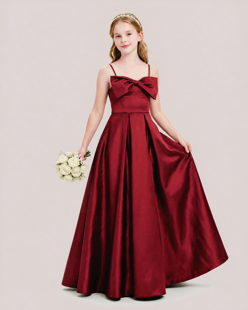 Burgundy Satin A-line Junior Bridesmaid Dress Front View