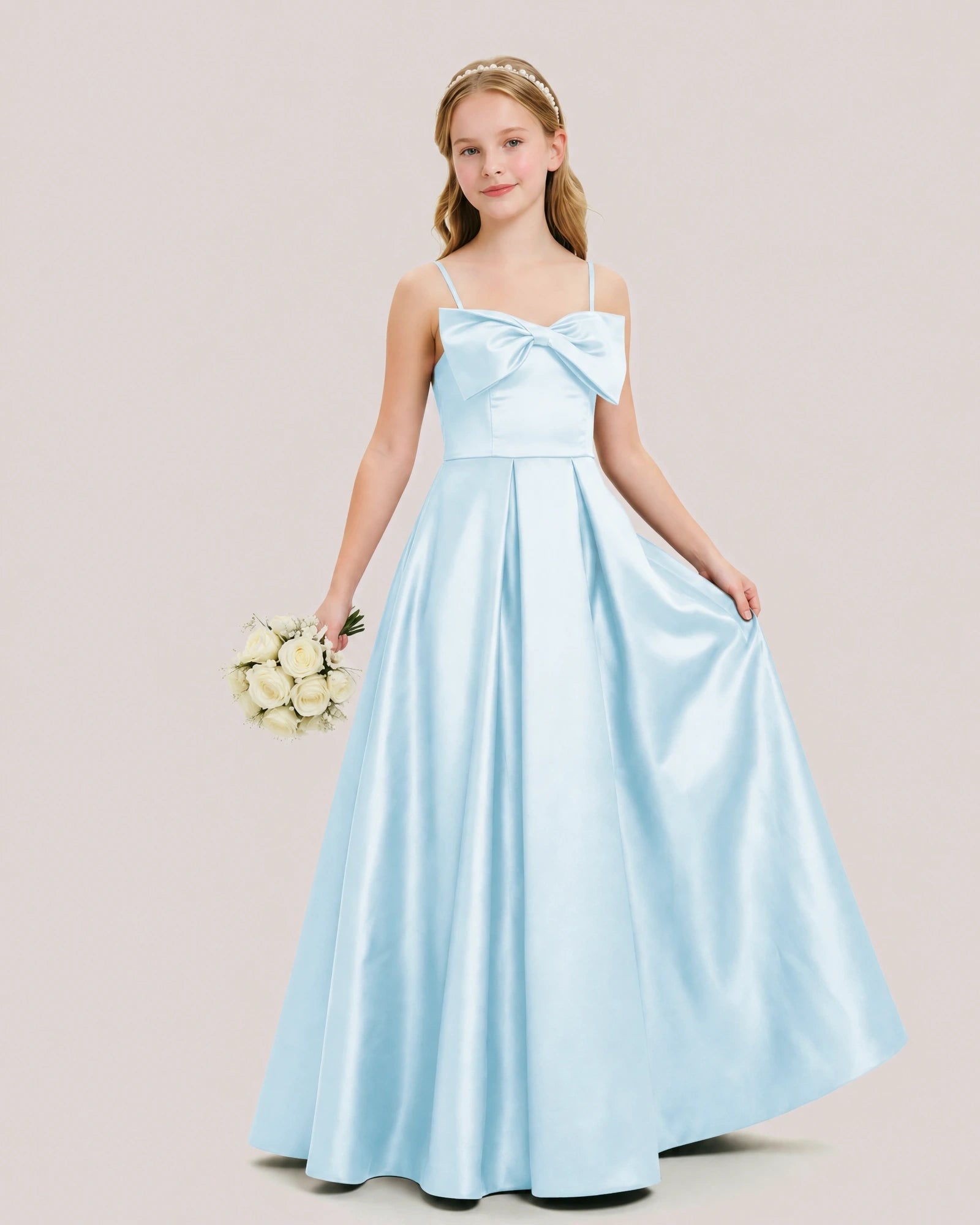 Dideyttawl Chocolate Brown Satin Spaghetti Strap Floor Length Junior Bridesmaid Dress
