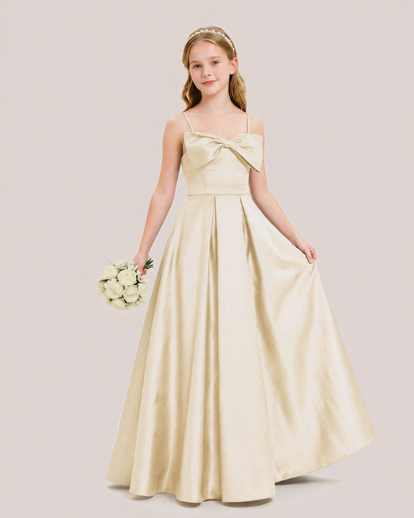 Champagne Satin A-line Junior Bridesmaid Dress Front View