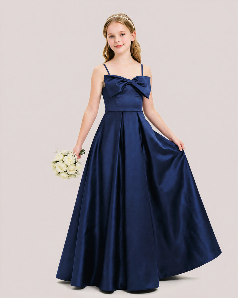 Navy Blue Satin A-line Junior Bridesmaid Dress Front View