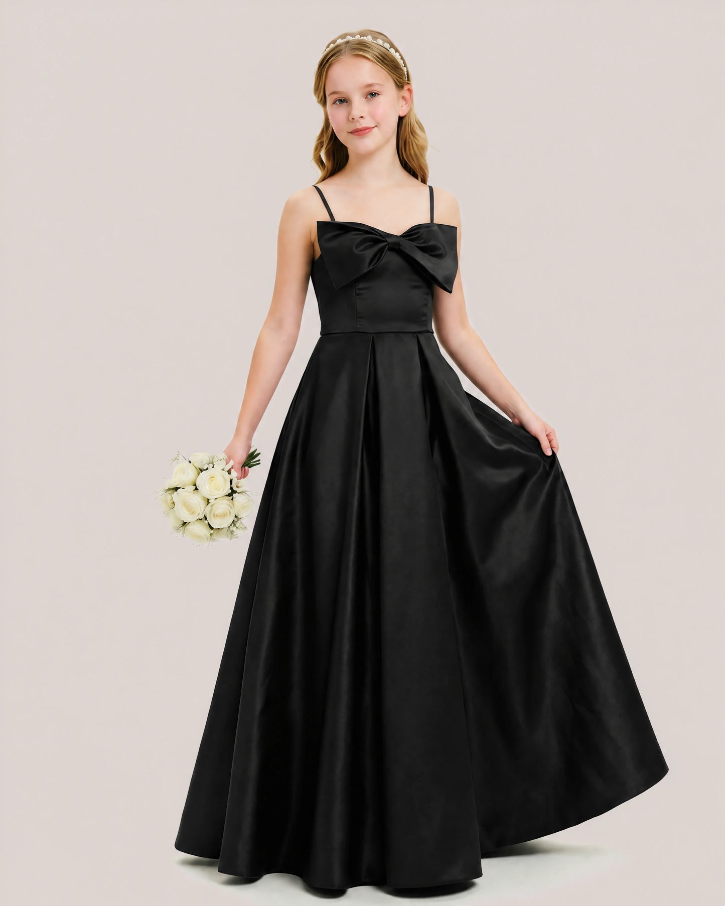 Dideyttawl Chocolate Brown Satin Spaghetti Strap Floor Length Junior Bridesmaid Dress