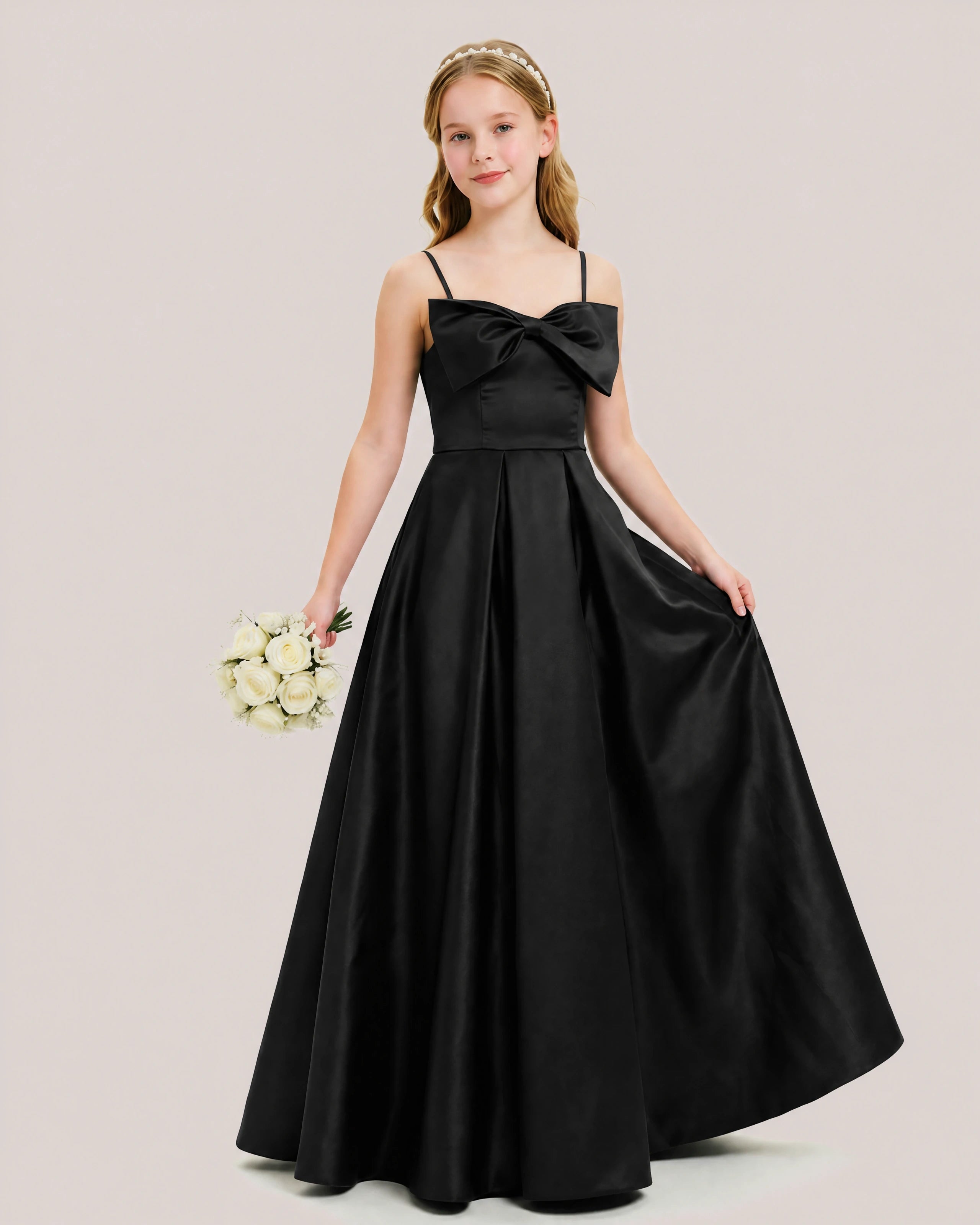 Dideyttawl Chocolate Brown Satin Spaghetti Strap Floor Length Junior Bridesmaid Dress