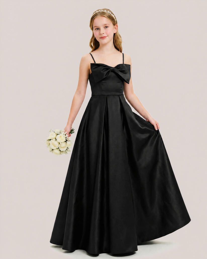 Black Satin A-line Junior Bridesmaid Dress Front View