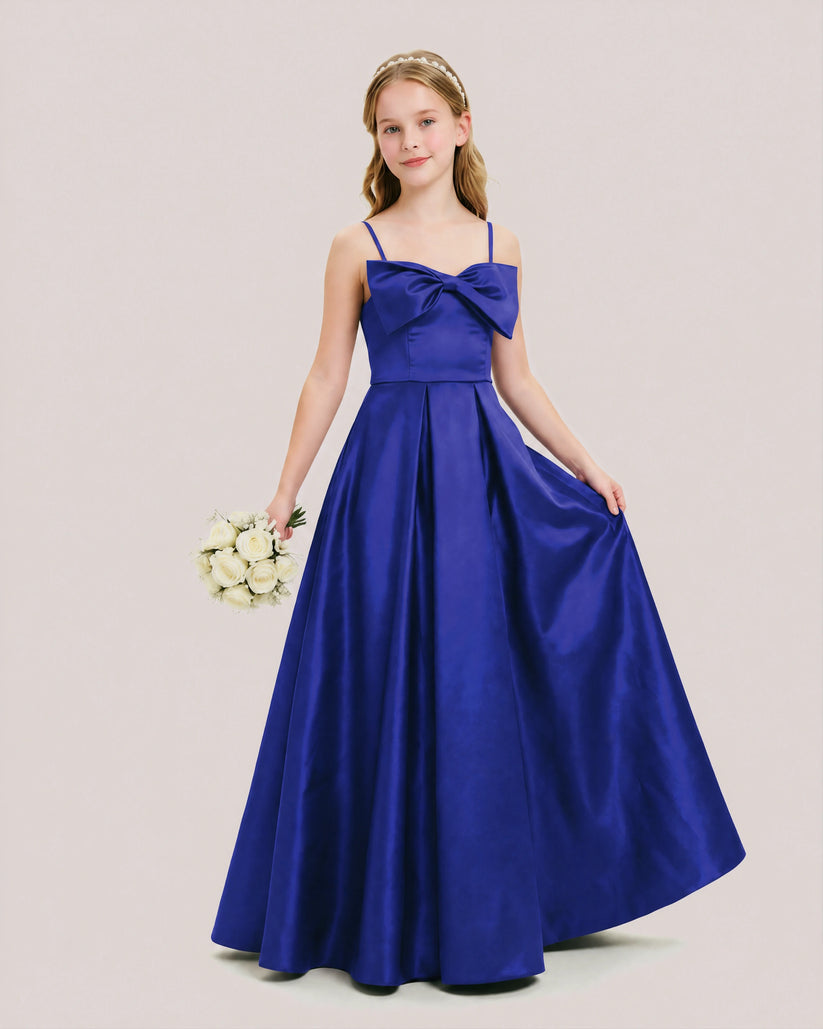 Royal Blue Satin A-line Junior Bridesmaid Dress Front View