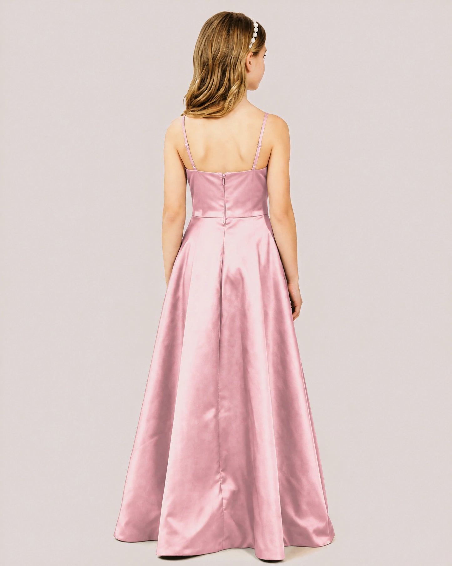 Dideyttawl Chocolate Brown Satin Spaghetti Strap Floor Length Junior Bridesmaid Dress