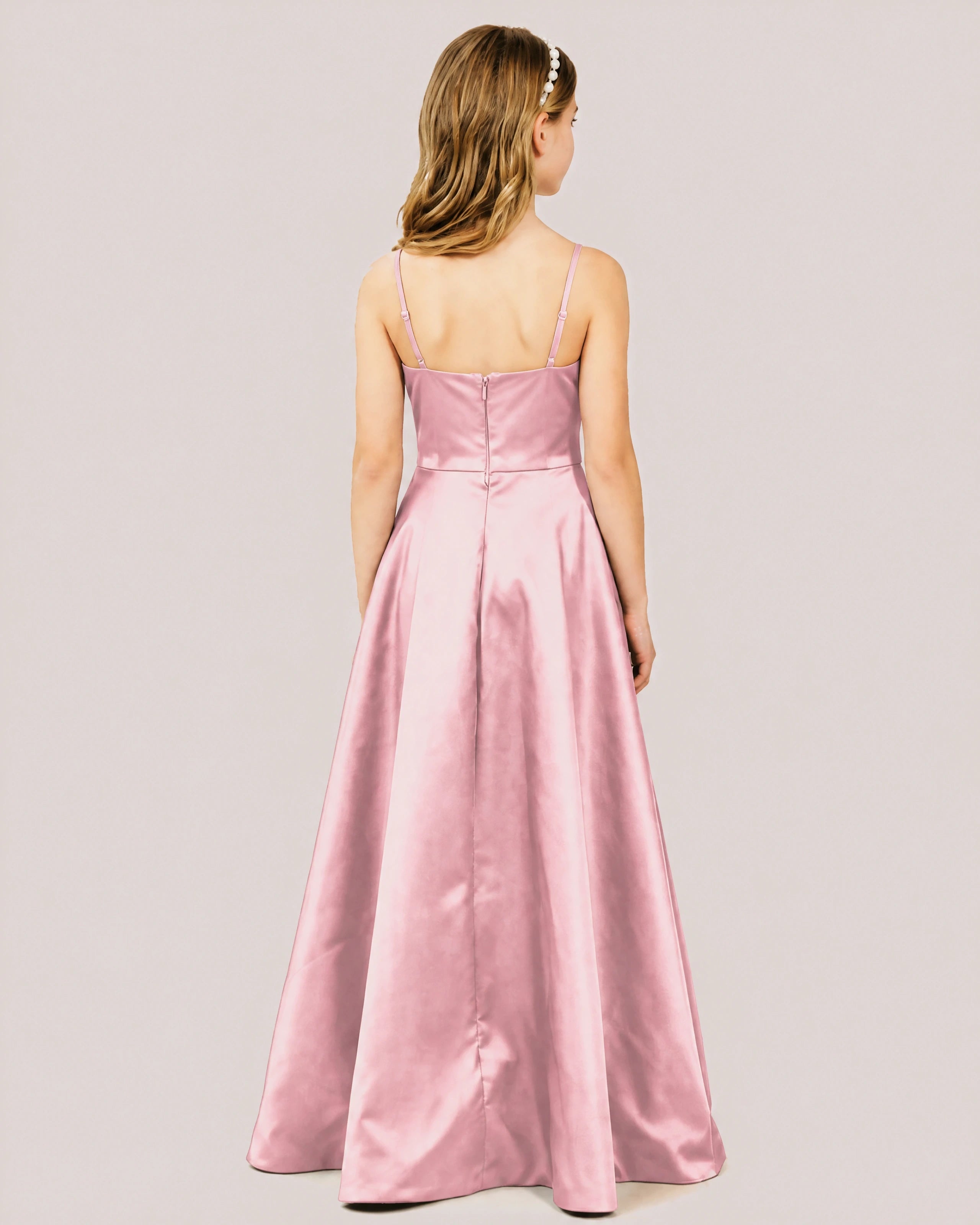 Dideyttawl Chocolate Brown Satin Spaghetti Strap Floor Length Junior Bridesmaid Dress