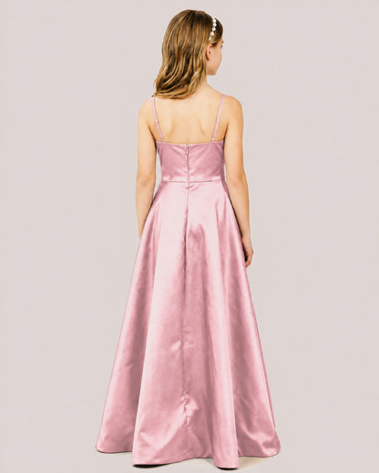 Dideyttawl Chocolate Brown Satin Spaghetti Strap Floor Length Junior Bridesmaid Dress