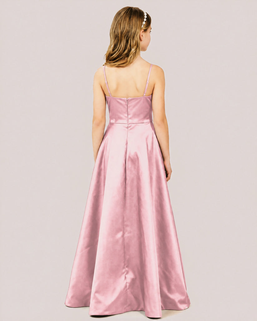 Dusty Rose Satin A-line Junior Bridesmaid Dress Back View