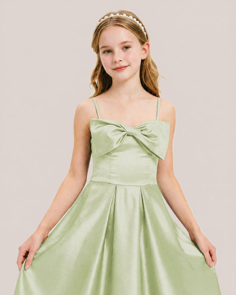 Sage Green Satin A-line Junior Bridesmaid Dress Front View