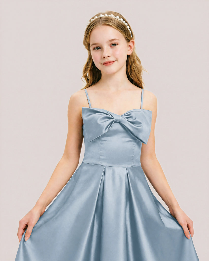 Dusty Blue Satin A-line Junior Bridesmaid Dress Front View