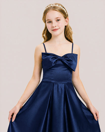Dideyttawl Chocolate Brown Satin Spaghetti Strap Floor Length Junior Bridesmaid Dress