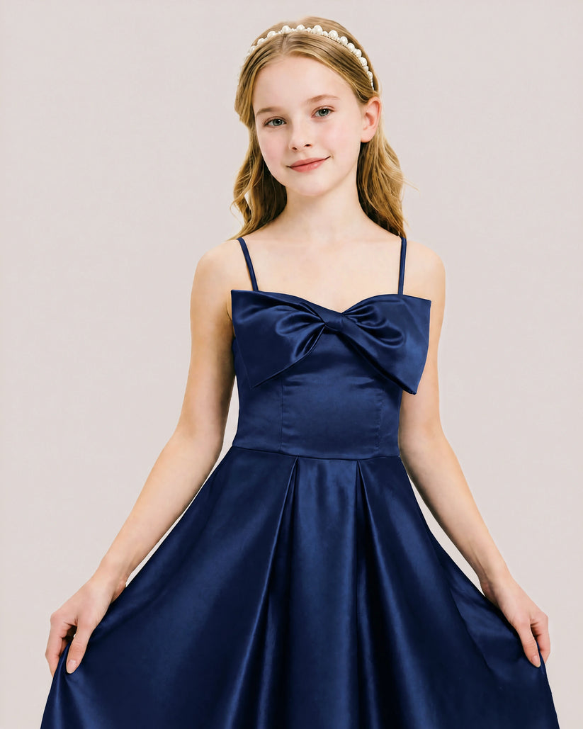 Navy Blue Satin A-line Junior Bridesmaid Dress Front View