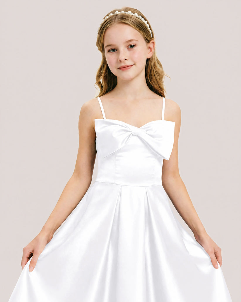 White Satin A-line Junior Bridesmaid Dress Front View