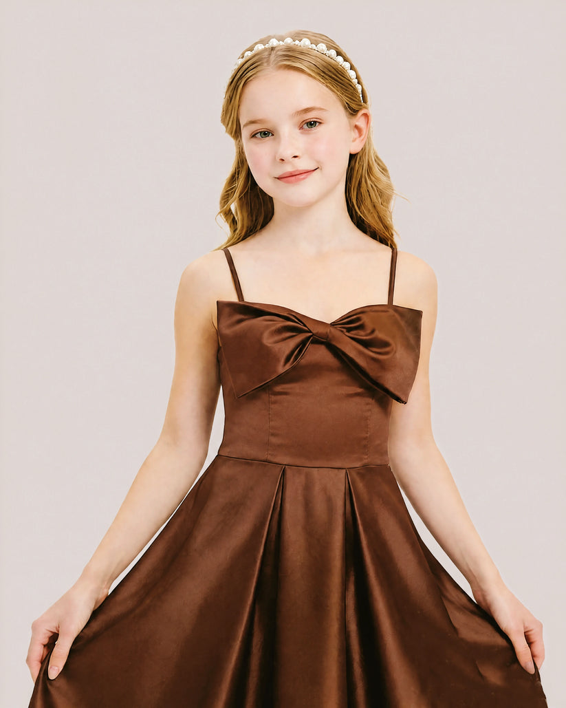 Brown Satin A-line Junior Bridesmaid Dress Front View