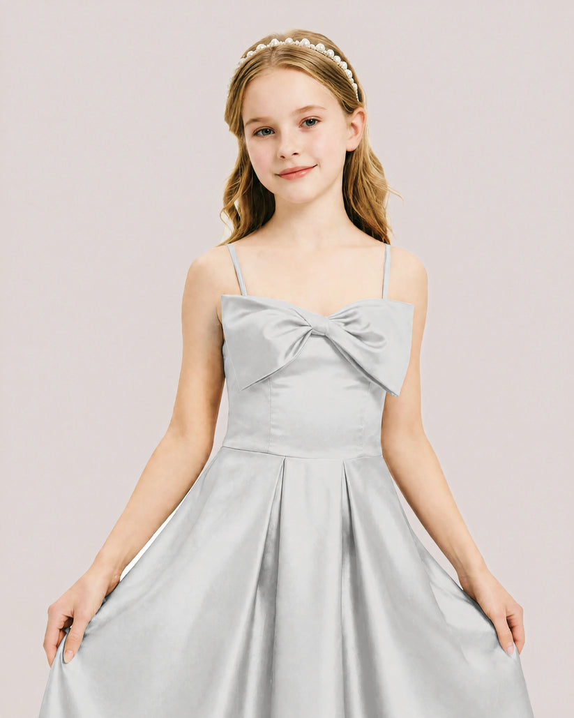Silver Satin A-line Junior Bridesmaid Dress Front View