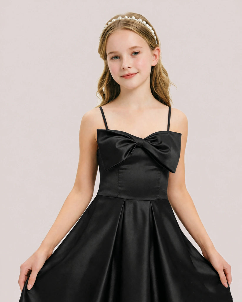 Black Satin A-line Junior Bridesmaid Dress Front View