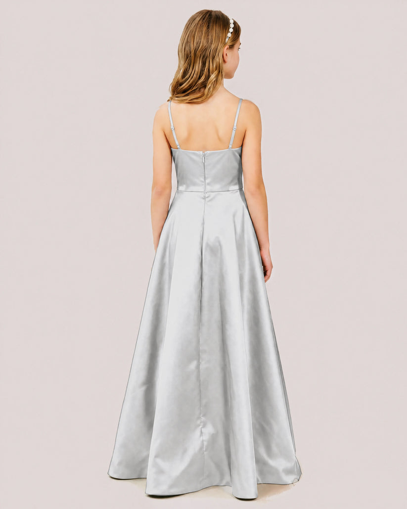 Silver Satin A-line Junior Bridesmaid Dress Back View
