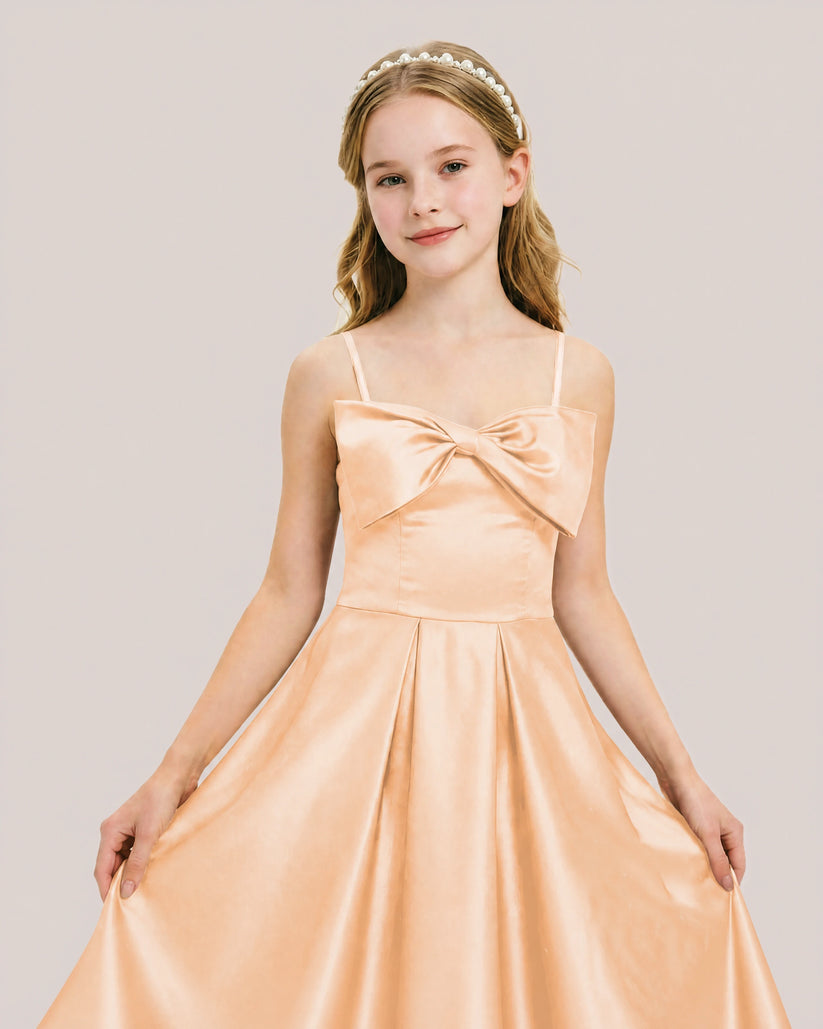 Peach Satin A-line Junior Bridesmaid Dress Front View